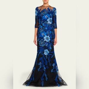 TERI JON By Rickie Freeman Blue Floral Embroidered Tulle Gown Size 16 NWT $1130
